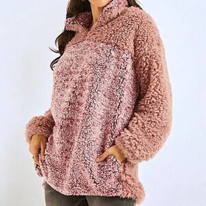 Suzanne Betro Weekend Pink Blush Sherpa Fleece Quarter Zip Pullover Sweater - 1X